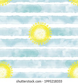 Sea and sun. Summer background. Vector illustration with blue watercolor stripes. Seamless pattern.