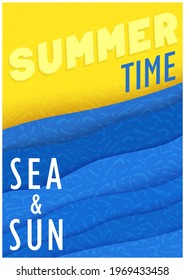 Sea and Sun. Summer time. Bright and modern poster in paper cut style. Vector graphics