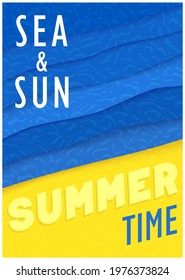 Sea and Sun. Summer time. Bright and modern poster in paper cut style. Vector graphics