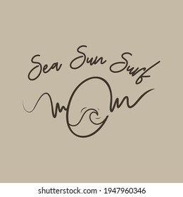 Sea sun surf mom quote with wave logo , Simple line art elements, Beach surfing illustration activity , templates, Vector Illustration for graphic design, t-shirt prints, logo, card, travel content