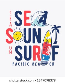 sea sun surf slogan with colorful cute icons illustration