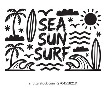 Texto de surf de sol de mar y Elementos de playa ilustración dibujada a mano