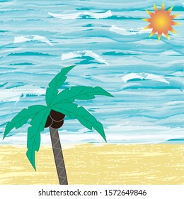 Sea and sun vector illustration. Beach summer concept.Sea, ocean, sun and palm