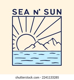 Sea and Sun Vector Illustration für T-Shirt, Poster, mit handgezeichneter Linie Art Style.