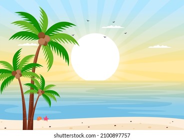 Sea Sunrise Landscape Above Morning Scene Ocean with Clouds, Water Surface, Palm Tree and Beach in Flat Background Illustration for Banner