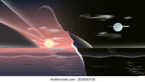 The sea at sunrise and at night. Vector illustration, background