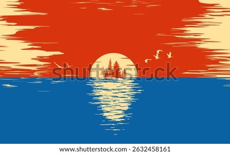 Sea sunset aesthetic vector illustration ocean tropical climate clouds dusk waves landscape background summer sky minimalist painting nature colorful retro style nostalgia artistic water reflection
