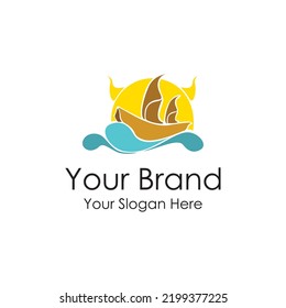 sea sunset boat fisherman logo premium