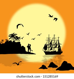 Sea sunset with boat, island and couple silhouettes, vector illustration