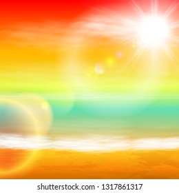 Sea sunset with bright sun, light on lens.
