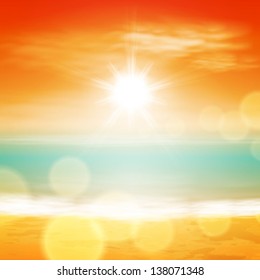 Sea sunset with bright sun, light on lens. EPS10 vector.