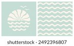 Sea sunset and flying seagulls print and ocean waves pattern set. Pastel blue coastal holiday retro groovy design. Vintage summer surf aesthetic cut out collage t shirt, poster, cover design template.