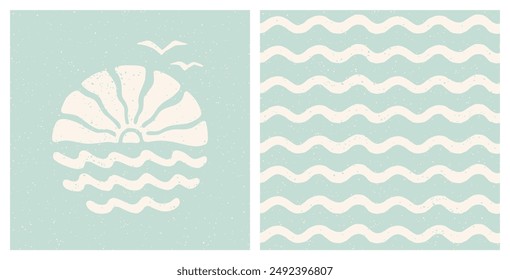 Sea sunset and flying seagulls print and ocean waves pattern set. Pastel blue coastal holiday retro groovy design. Vintage summer surf aesthetic cut out collage t shirt, poster, cover design template.