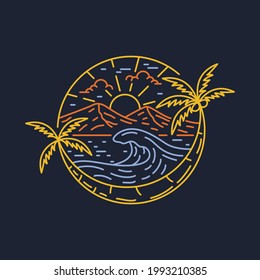Sea sunset and great wave line graphic illustration vector art t-shirt design