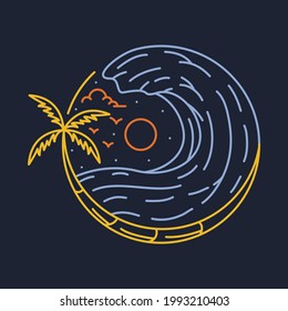 Sea sunset and great wave line graphic illustration vector art t-shirt design