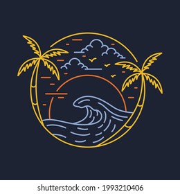 Sea sunset and great wave line graphic illustration vector art t-shirt design