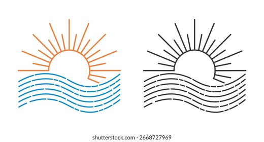 Sonnenuntergang Symbol in linearem Stil. Symbol der Sonne und Wasser Wellen Farbe und schwarze Version. ClipArt Logo Sonne, Vektorgrafiken
