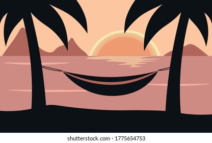 Sea sunset illustration. Beach, palm, hammock