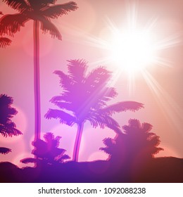 Sea sunset with island and palm trees