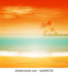 Sea sunset with island and palm trees. EPS10 vector.