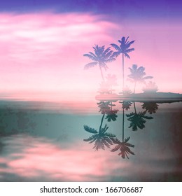 Sea sunset with island and palm trees. Retro style with old textured paper. EPS10 vector.