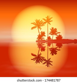 Sea sunset with island and palm trees. EPS10 vector.