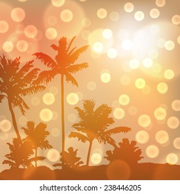 Sea sunset with island and palm trees. EPS10 vector.
