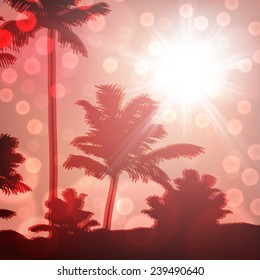 Sea sunset with island and palm trees. EPS10 vector.