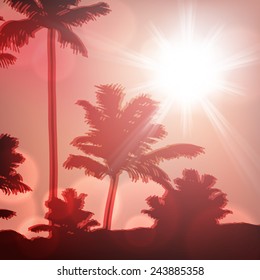 Sea sunset with island and palm trees. EPS10 vector.