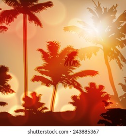 Sea sunset with island and palm trees. EPS10 vector.