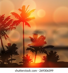 Sea sunset with island and palm trees. EPS10 vector.
