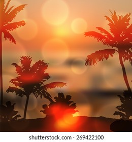Sea sunset with island and palm trees. EPS10 vector.