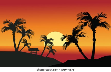 Sea sunset with island and palm trees and hut