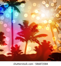 Sea sunset with island and palm trees. Sunny orange background. EPS10 vector.