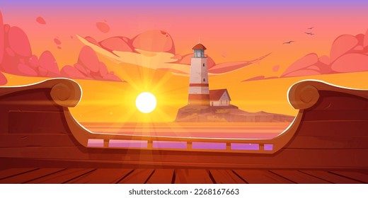 Paisaje de atardecer con faro en la isla, vista de la cubierta de barco. Caricatura de fondo vectorial con casa en la costa rocosa en el océano. Construcción de la playa en el mar del puerto al amanecer naranja, tarde o mañana