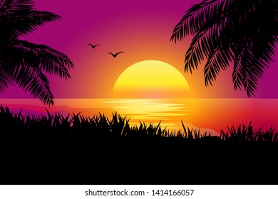 sea sunset landscape with palm and grass 