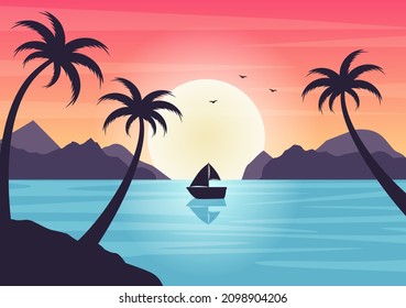 Sea Sunset Landscape of Sun Above Ocean with Clouds, Water Surface, Palm Tree and Beach in Flat Background Illustration for Poster, Banner or Background