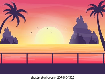 Sea Sunset Landscape of Sun Above Ocean with Clouds, Water Surface, Palm Tree and Beach in Flat Background Illustration for Poster, Banner or Background