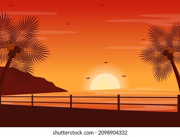 Sea Sunset Landscape of Sun Above Ocean with Clouds, Water Surface, Palm Tree and Beach in Flat Background Illustration for Poster, Banner or Background