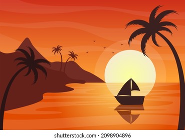 Sea Sunset Landscape of Sun Above Ocean with Clouds, Water Surface, Palm Tree and Beach in Flat Background Illustration for Poster, Banner or Background