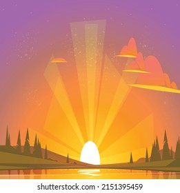sea sunset or ocean sunrise. Vector illustration of water and sky horizon, sun reflection. Dusk or dawn, evening or morning beach, Scenery background or island backdrop