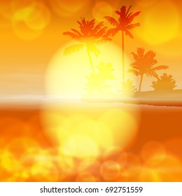 Sea sunset with palm tree and light on lens. Orange background. EPS10 vector.