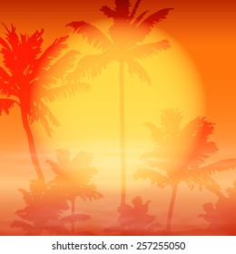 Sea sunset with palm trees. EPS10 vector.