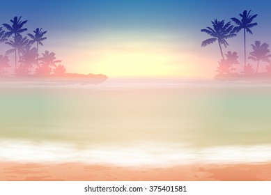 Sea sunset with palm trees. EPS10 vector.