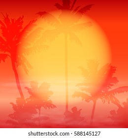 Sea sunset with palm trees. EPS10 vector red background for travel concept.