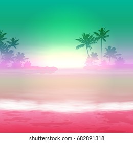Sea sunset with palm trees. EPS10 vector.