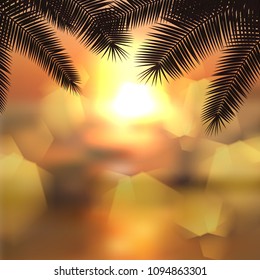 Sea sunset with palmtree leaves and light on lens