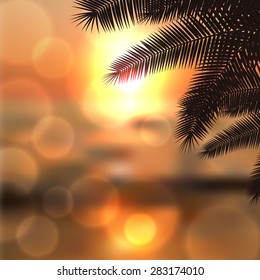 Sea sunset with palmtree leaves and light on lens. EPS10 vector.