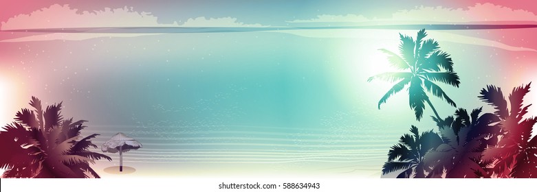 Sea sunset panorama. tropica oceansl scene beach. Vector Background. Summer time wallpaper