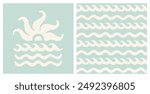 Sea sunset print and ocean waves pattern set. Pastel blue coastal holiday retro groovy design. Vintage summer surf aesthetic cut out collage t shirt, poster, cover template design.